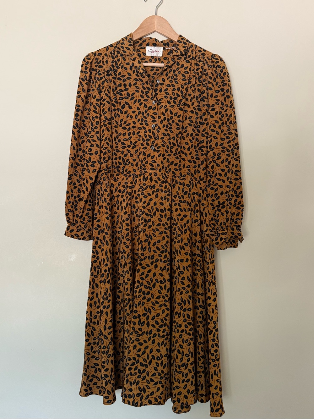 Vintage Silk Floral Long-Sleeve Autumn Leaf print Dress